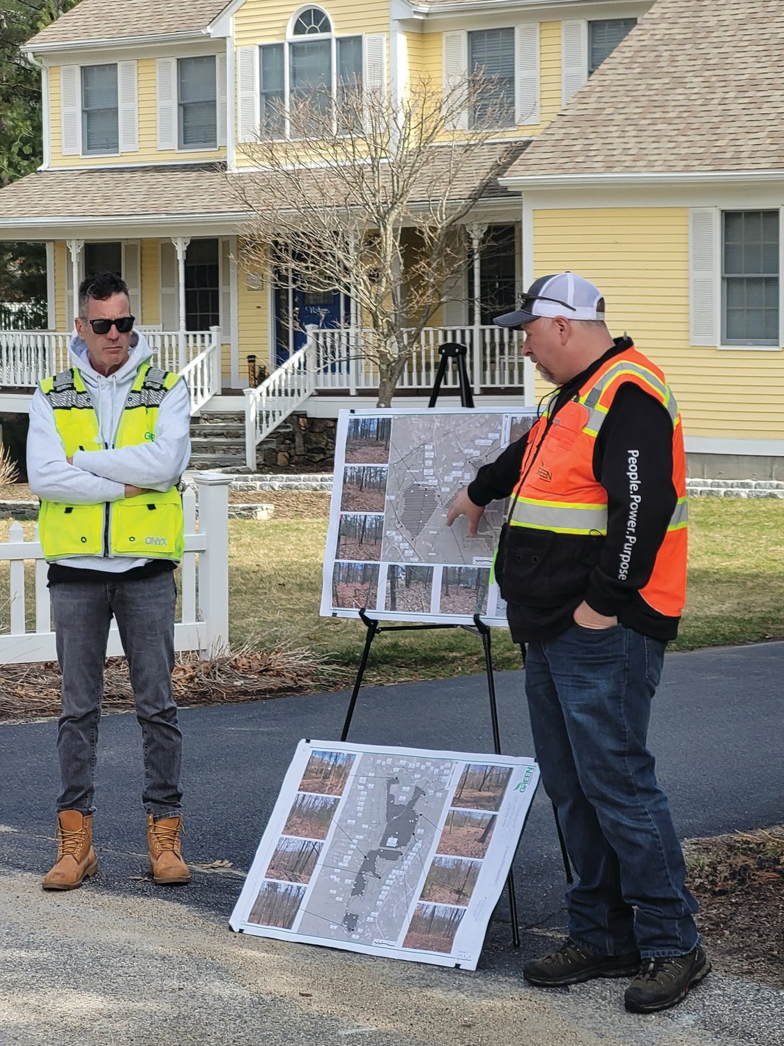 SITE TOUR: Green Development’s Kevin Morin, Director of Engineering & Project Development, and John McCauley, Director of Sales, gave interested residents a tour through the woodlands the firm plans to develop into five solar fields if the town gives its approval.